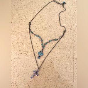 Double Stranded Cross Necklace. One Silver Cross and One Turquoise Cross